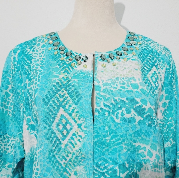 Ruby Rd. Womens Size 16 Aqua Blue Embellished Neckline Linen Blend Blouse/jacket - Picture 2 of 12